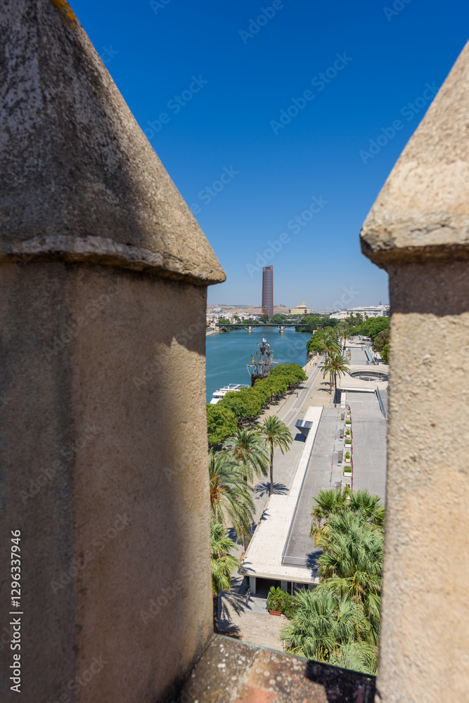 Seville, Spain - August 01, 2024: Guadalquivir river cityscape, Seville, Spain