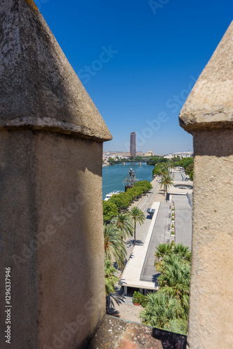 Seville, Spain - August 01, 2024: Guadalquivir river cityscape, Seville, Spain