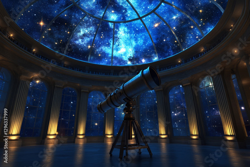 A celestial observatory-style 3D background room with a massive domed glass ceiling revealing the night sky. A large telescope and glowing star maps enhance the feeling of cosmic wonder.