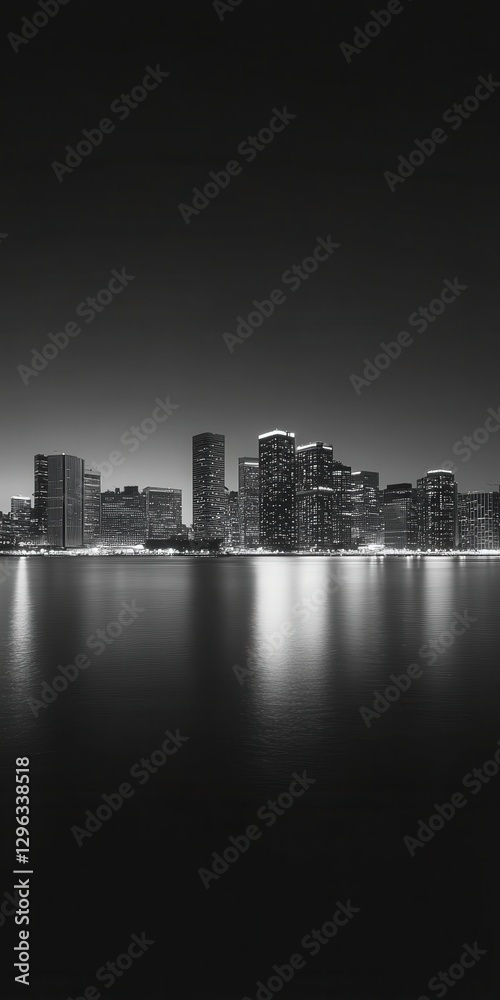 Fototapeta premium a coastal city at twilight. The skyline, lights glowing softly, is reflected in the water