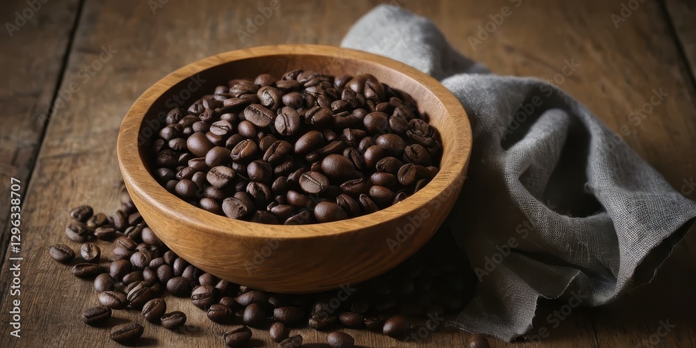 Fototapeta premium Aromatic Roasted Coffee Beans in Wooden Bowl Rustic Still Life