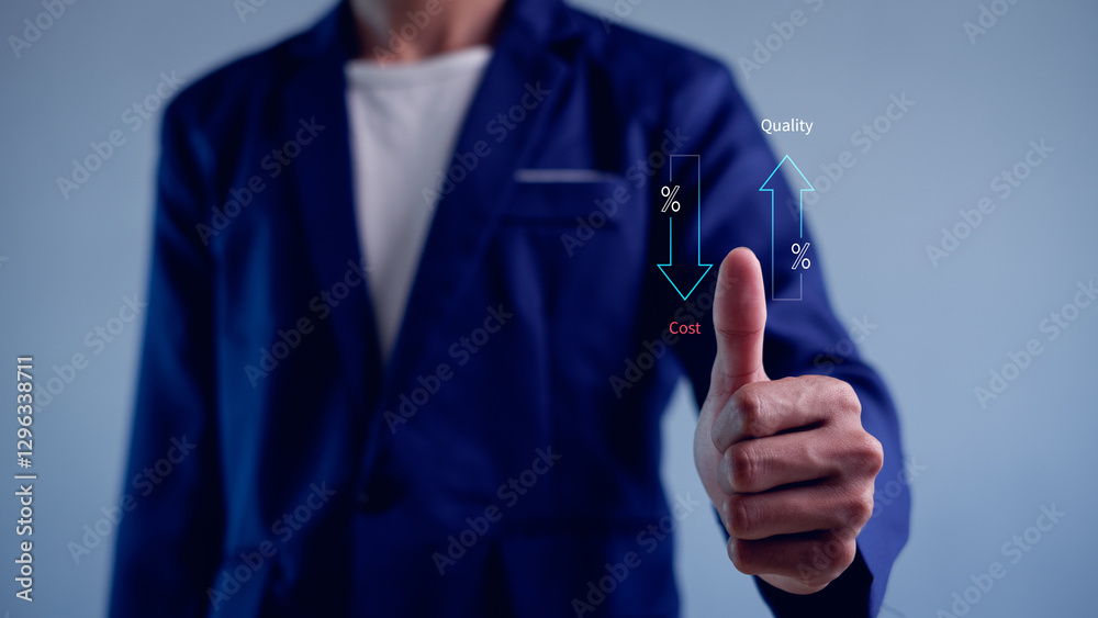 Business showing cost with down arrow and quality with up arrow and improvement quality of product and service.Quality control. Business showing cost with down arrow and quality with up arrow and improvement quality of product and service.Quality control.