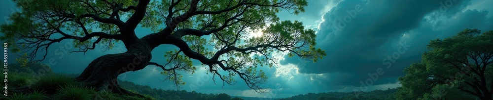 Fototapeta premium Twisted tree branches tangled in a stormy sky, foliage, nature, tree