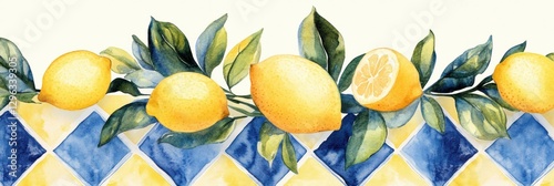 Fresh lemons cascade over a blue and yellow tile backdrop in a vibrant kitchen setting with a sunny atmosphere. Generative AI