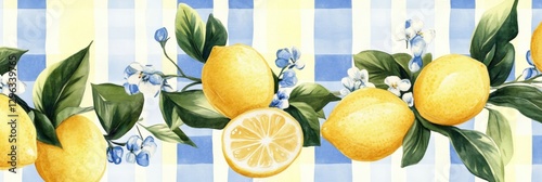 Fresh lemons with leaves and blue flowers arranged on a striped background in a cheerful pattern. Generative AI