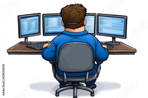 a 2D cartoon illustration of a person sitting at a desk with multiple computer screens, techy and focused, white background