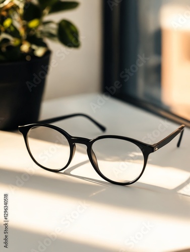 Unos elegantes anteojos negros reposan sobre una mesa iluminada por la luz del sol, junto a una planta en maceta. photo