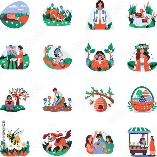 Set of 16 Flat Style Spring Illustrations

