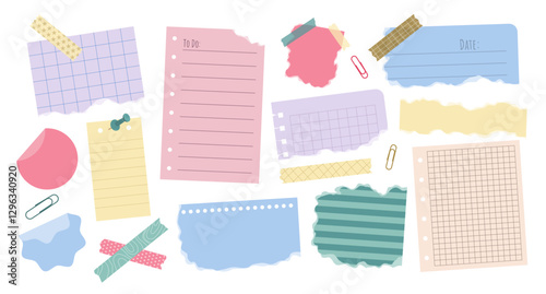 Set of various torn paper notes, stickers, to do list, duct tapes, paper clips. Isolated flat sticky elements, planners, reminders for mood boards, scrapbooking or collages. Vector illustrations.