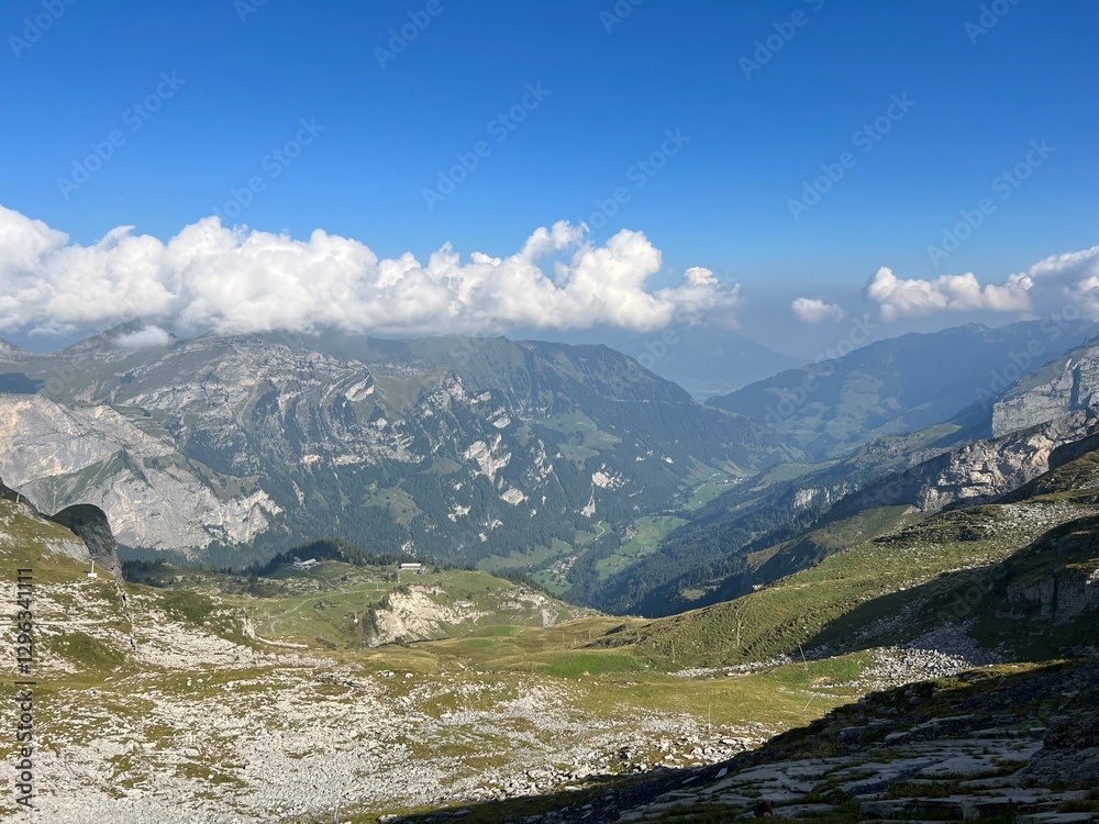 Obraz premium Alpine valley Melchtal along the river Grosse Melchaa and in Uri Alps mountain massif, Melchtal - Canton of Obwalden, Switzerland (Kanton Obwald, Schweiz)