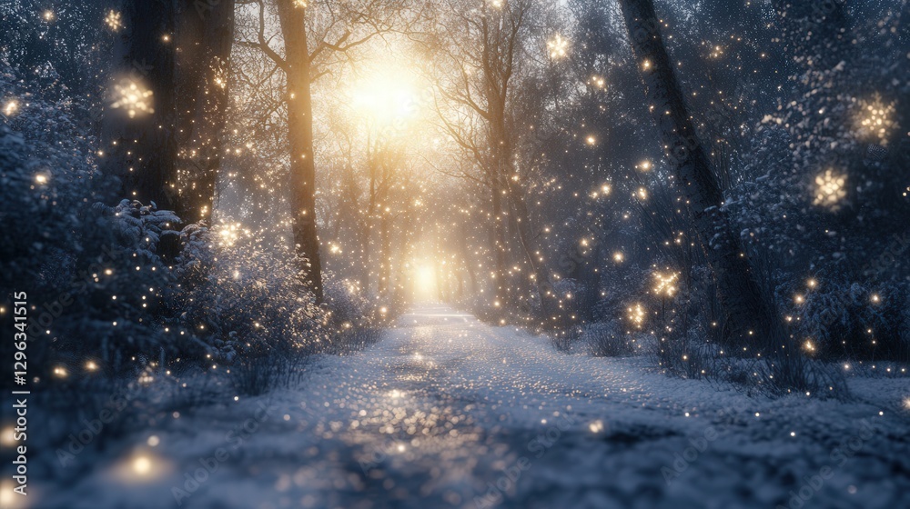 Naklejka premium A breathtaking winter snow background featuring glowing light that reflects off the frosty snow, with snowflakes drifting down like glittering stars.