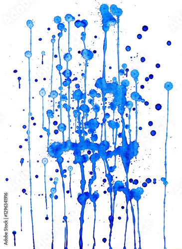 blue paint splash on a white wall, blue watercolor paint drops, dirty splash liquid paint dripping on the wall