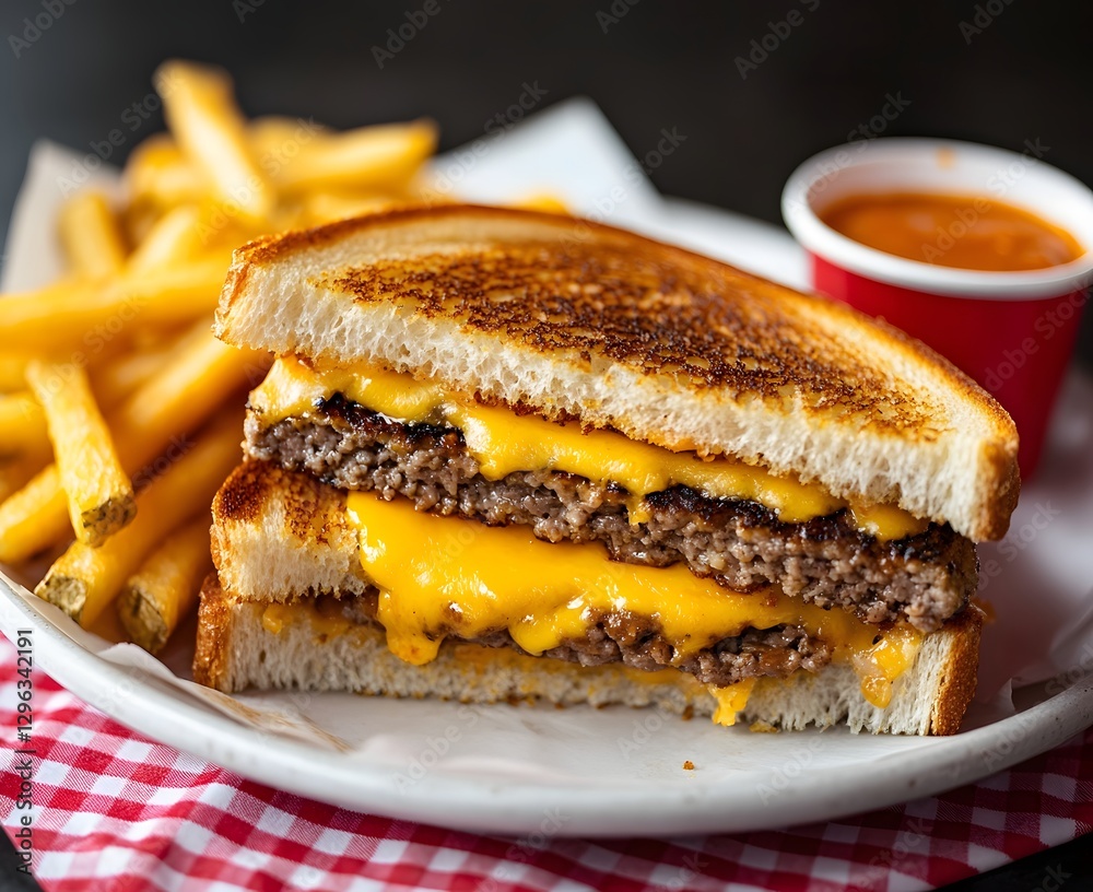 A grilled cheese sandwich with ground beef and sauteed onion, on white plate with fries and mustard sauce, Generative AI A grilled cheese sandwich with ground beef and sauteed onion, on white plate with fries and mustard sauce, Generative AI