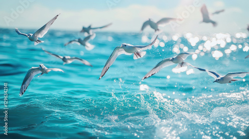 Seagulls flying over the ocean on a sunny day