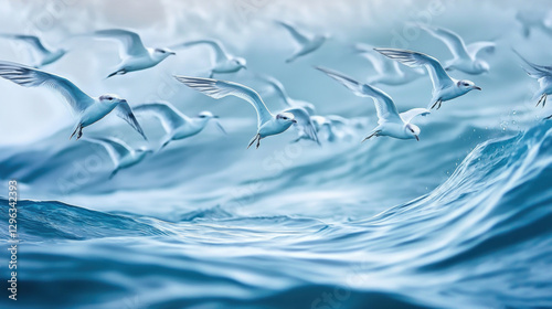 Seagulls flying over ocean waves