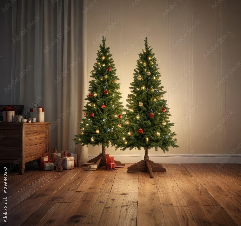 Fototapeta premium Vintage Christmas tree set up on a wooden floor with glowing lights, winter, background., shiny, holiday