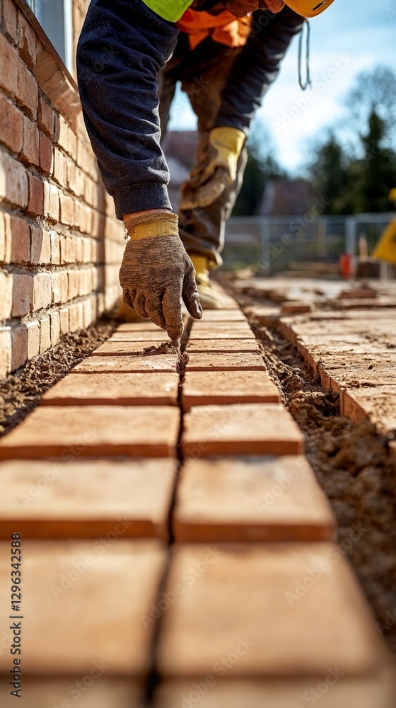 Un trabajador coloca ladrillos cuidadosamente en la construcción de un camino. Un trabajador coloca ladrillos cuidadosamente en la construcción de un camino.