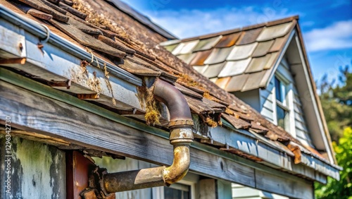 Wallpaper Mural Rustic Aged House Exterior with Weathered Shingle Roof and Damaged Gutter System Torontodigital.ca