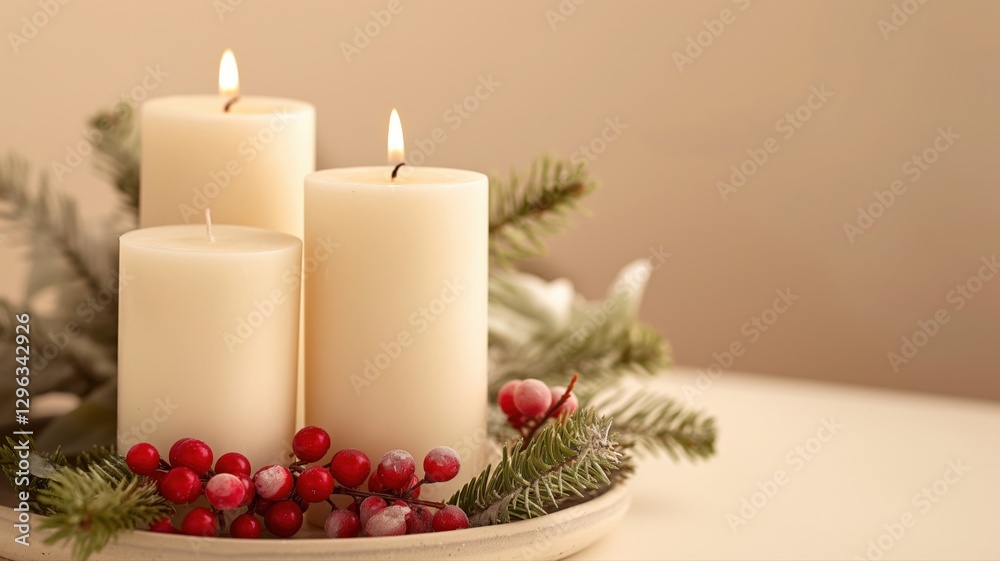 tall candles with a base of fresh greenery and red berries against a light beige background tall candles with a base of fresh greenery and red berries against a light beige background