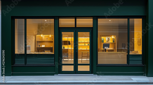 Mockup storefront, shop facade and window. Template for storefront window, classic boutique design. Empty window, retail front, store facade, traditional storefront style. Realistic style photo