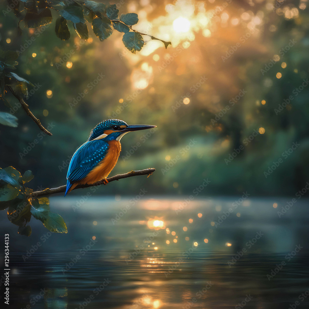 Naklejka premium Kingfisher perched on a branch by a tranquil river at sunset, surrounded by soft golden light and sparkling reflections on the water