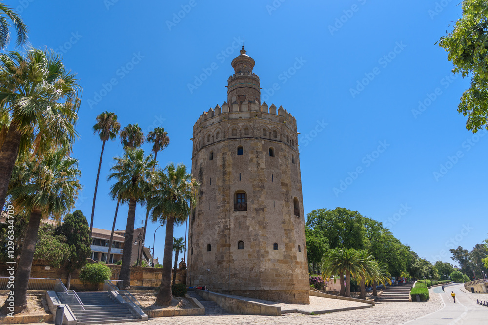 Seville, Spain - August 01, 2024: Torre del Oro Tower of Gold in Seville