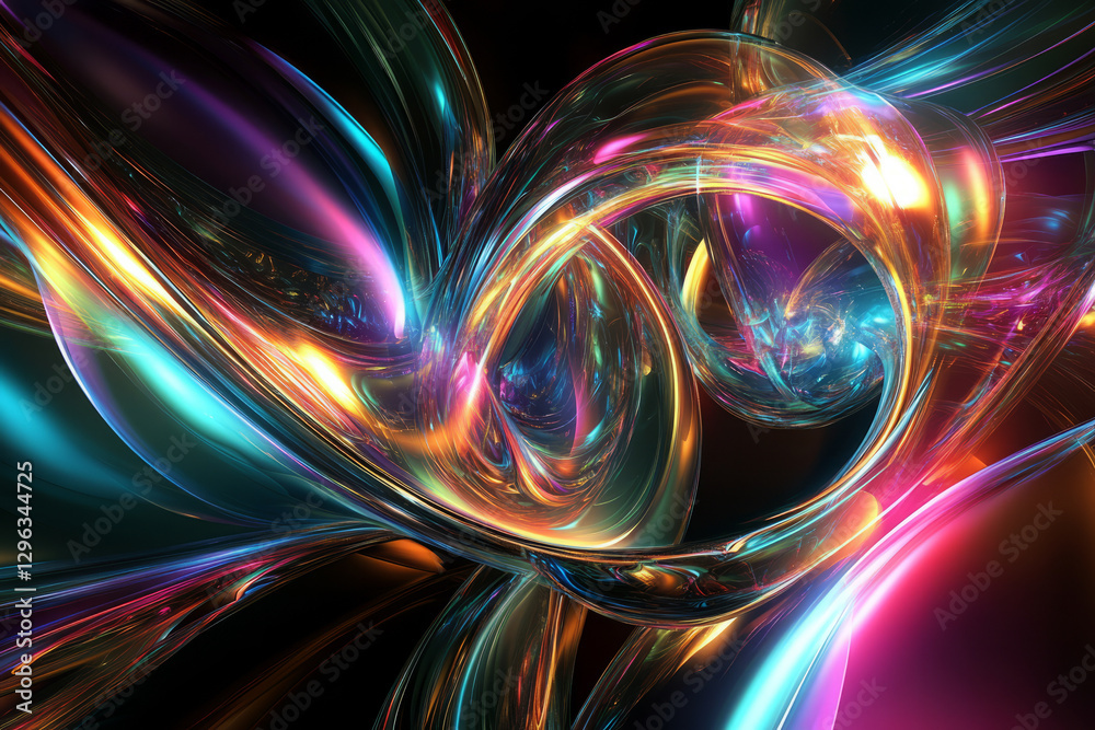 A high-tech 3D abstract background with a complex arrangement of levitating, glass-like structures and dynamic neon light trails. The interplay of deep reflective surfaces, vibrant electric hues, and