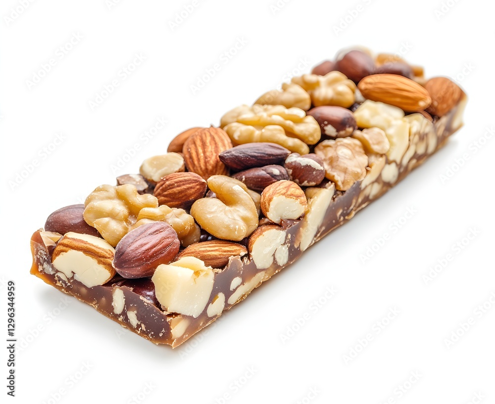 Fototapeta premium Close-up of a single candy bar with caramel and nuts, isolated on a white background, Generative AI