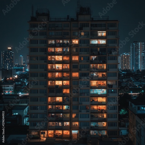 a Bangkok apartment building at night, the glowing lights of the city adding to the urban charm