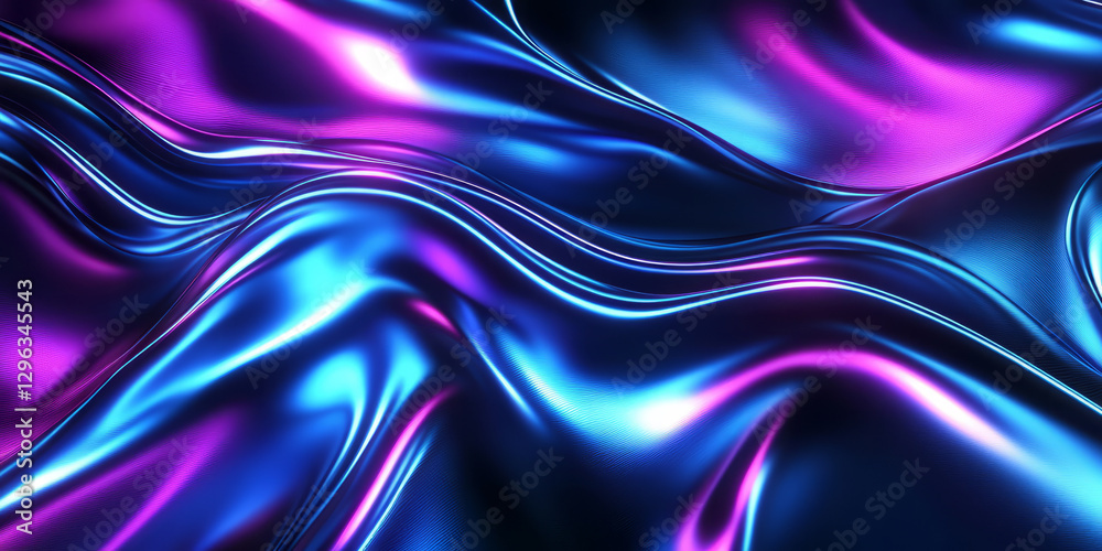 Fototapeta premium A dynamic 3D abstract background featuring a wave of metallic energy, glowing with pulsating neon blue and purple light. The seamless transitions and reflective surfaces enhance the futuristic appeal.