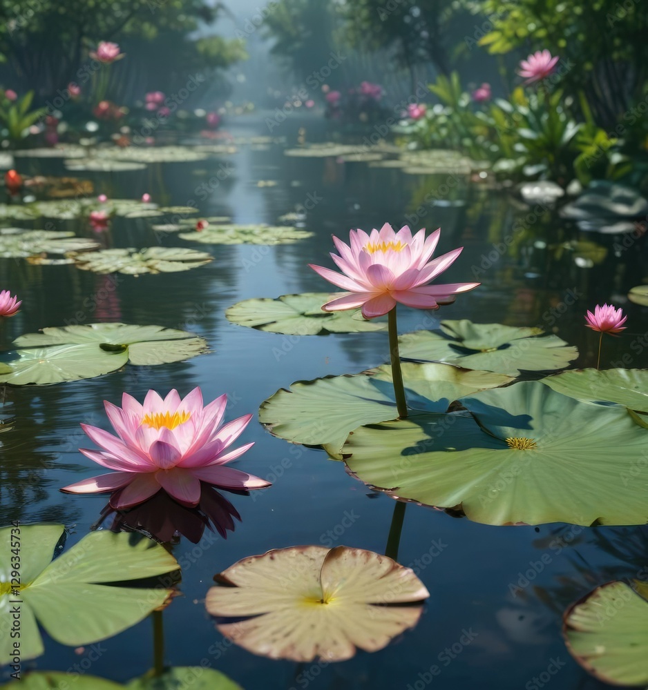 Water lilies and lotus flowers blooming in the pond, greenery, sunlight Water lilies and lotus flowers blooming in the pond, greenery, sunlight