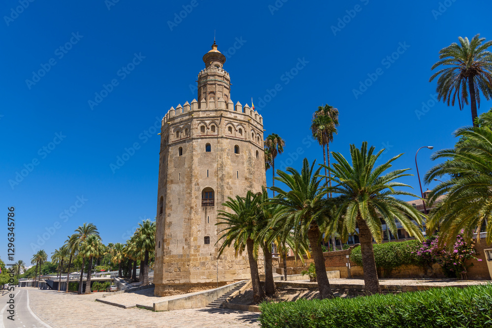 Seville, Spain - August 01, 2024: Torre del Oro Tower of Gold in Seville