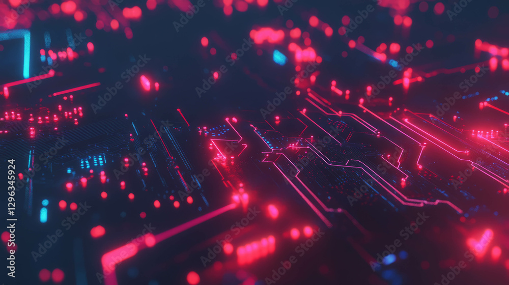 Futuristic circuit board with glowing red and blue electronics Futuristic circuit board with glowing red and blue electronics
