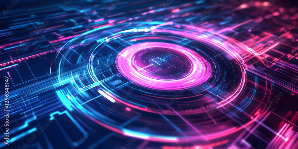 Obraz premium A futuristic 3D background displaying a massive holographic turntable, its glowing neon surface spinning in sync with pulsating sound waves. The abstract energy of music flows through the digital