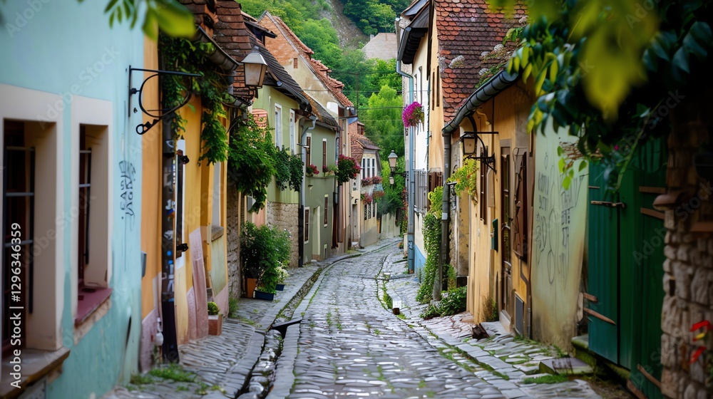 Fototapeta premium A narrow cobblestone street lined with colorful historic buildings in a European town.