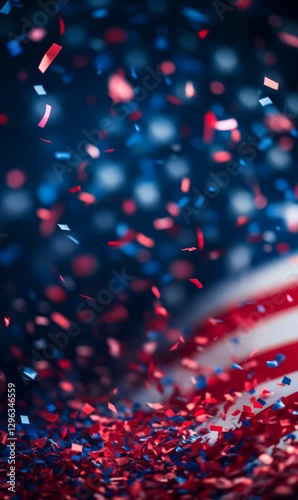 Closeup of glitter confetti with USA flag. Template for national holidays background.