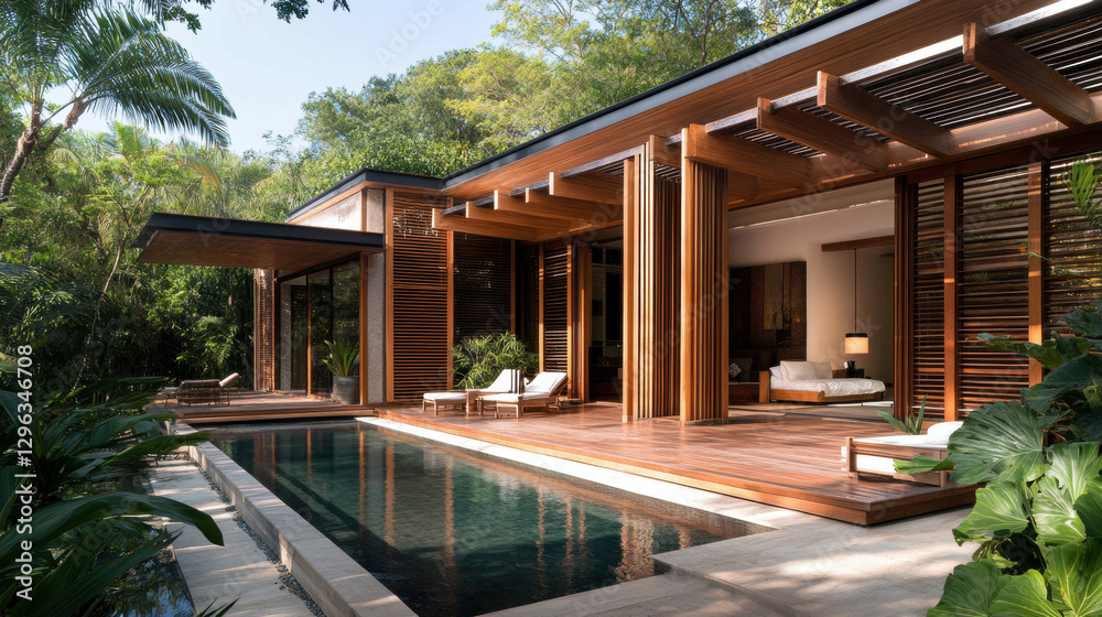 Fototapeta premium Luxury villa with pool and wooden deck surrounded by lush greenery