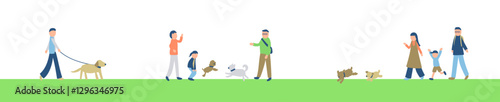 犬を散歩させる人々のイラスト