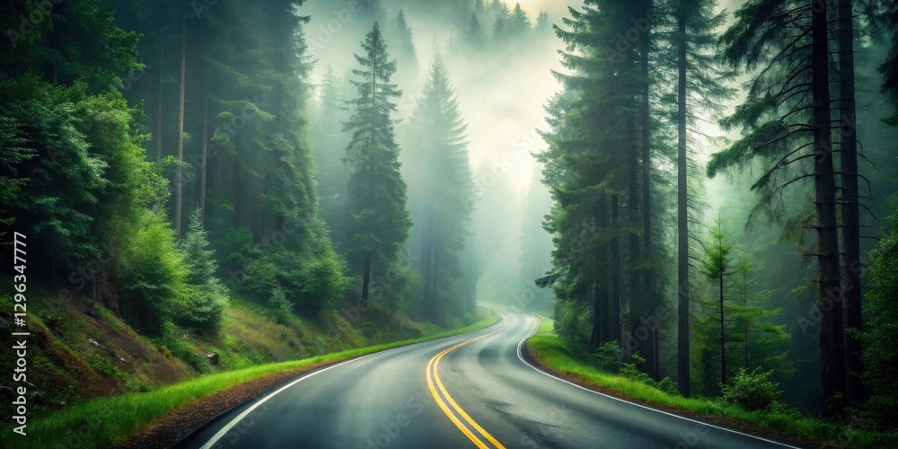 Obraz premium Serene Winding Road Through Misty Evergreen Forest, A Journey Into Nature's Tranquil Embrace