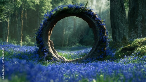 A wooden portal blooming with blue flowers stands in the forest