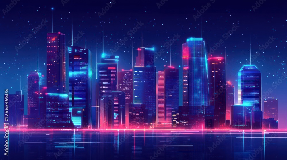 Obraz premium Neon Cityscape at Night Futuristic Skyline Reflection