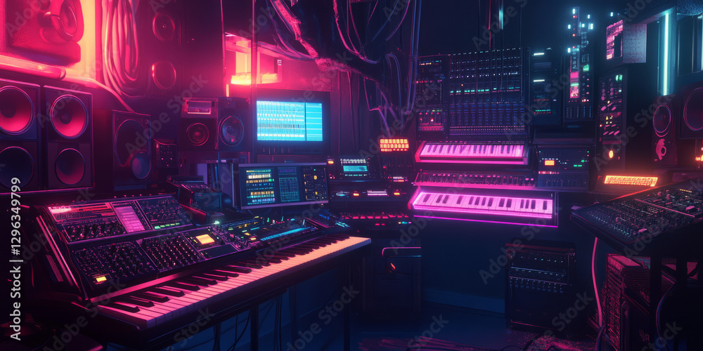 Obraz premium A cyberpunk-inspired 3D background displaying a neon-lit music studio with futuristic synthesizers and holographic sound mixers. The dynamic, high-tech atmosphere captures the essence of digital music