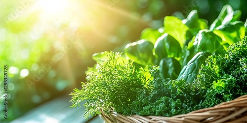 Raw Food and Food Safety Concept. Fresh Green Herbs and Vegetables in Bright Light