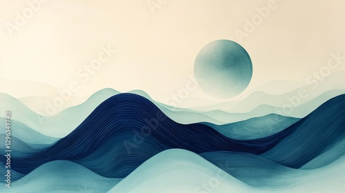 Abstract depiction of stylized hills and a celestial orb