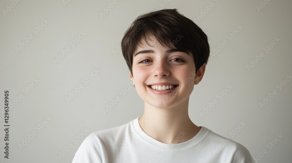 Young woman smiling confidently in casual attire with short hair, positive expression, portrait against neutral background, happiness and self-esteem concept. Young woman smiling confidently in casual attire with short hair, positive expression, portrait against neutral background, happiness and self-esteem concept.