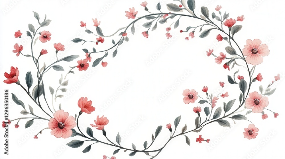 A charming floral frame in retro, naive style with wavy branches, leaves, and blooming flowers, perfect for greeting cards A charming floral frame in retro, naive style with wavy branches, leaves, and blooming flowers, perfect for greeting cards
