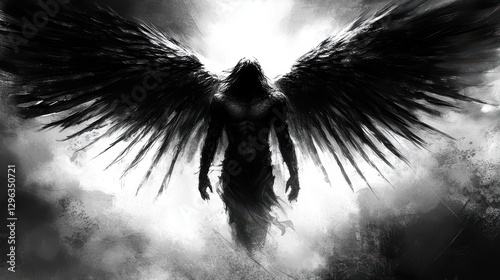 Dark angel with large wings, monochrome artwork. Mysterious and powerful figure. photo