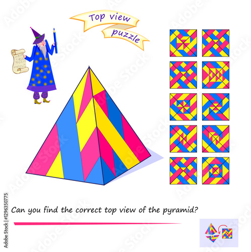 Puzzle for smartest. Can you find the correct top view of the pyramid? Logic game for children and adults. 3D maze. Brain teaser book. Developing spatial thinking. IQ test. Flat vector illustration.