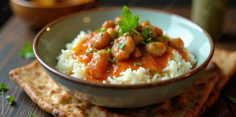 White rice bowl topped with garlicky sauce, crispy fried garlic and savory veal pieces on flatbread, oriental, saucy, cuisine White rice bowl topped with garlicky sauce, crispy fried garlic and savory veal pieces on flatbread, oriental, saucy, cuisine
