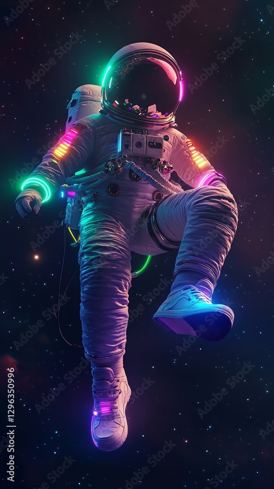 Naklejka premium A vibrant, floating astronaut in space, surrounded by a spectrum of dazzling colors, symbolizing exploration, freedom, and the infinite possibilities of the universe. This concept captures the awe-ins